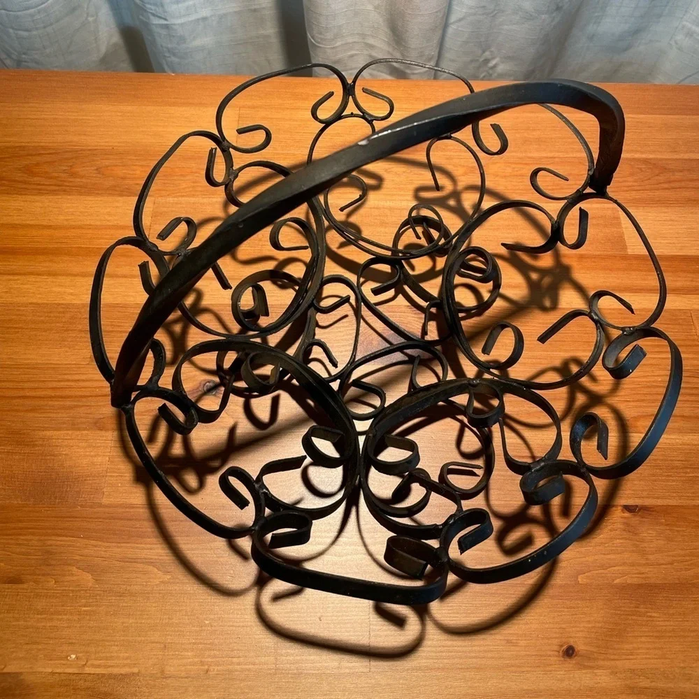 Vtg Black Wrought Iron Metal Scroll Fruit Bowl Magazine Rack Handled Black
